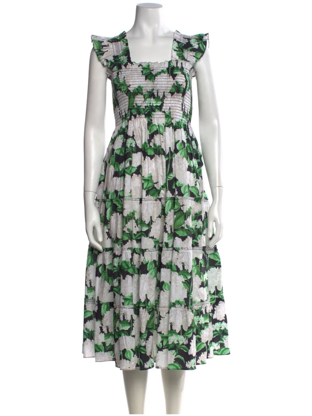Hill House White and Green Floral Tiered Midi Nap Dress